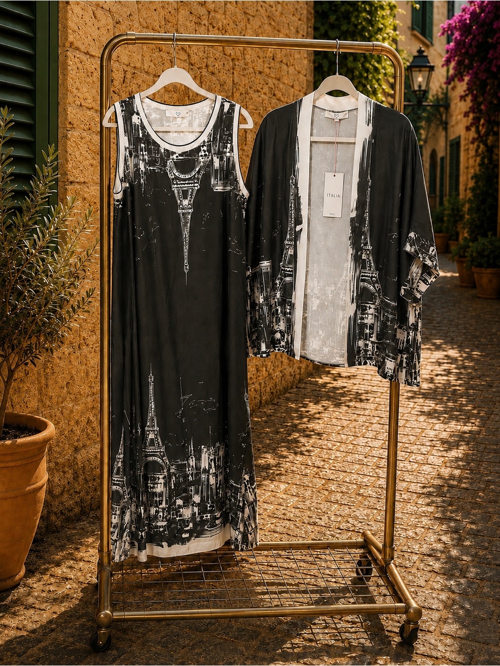 IT018 🇮🇹 Made in Italy Olive Green Paris Print Maxi Dress & Kimono Set